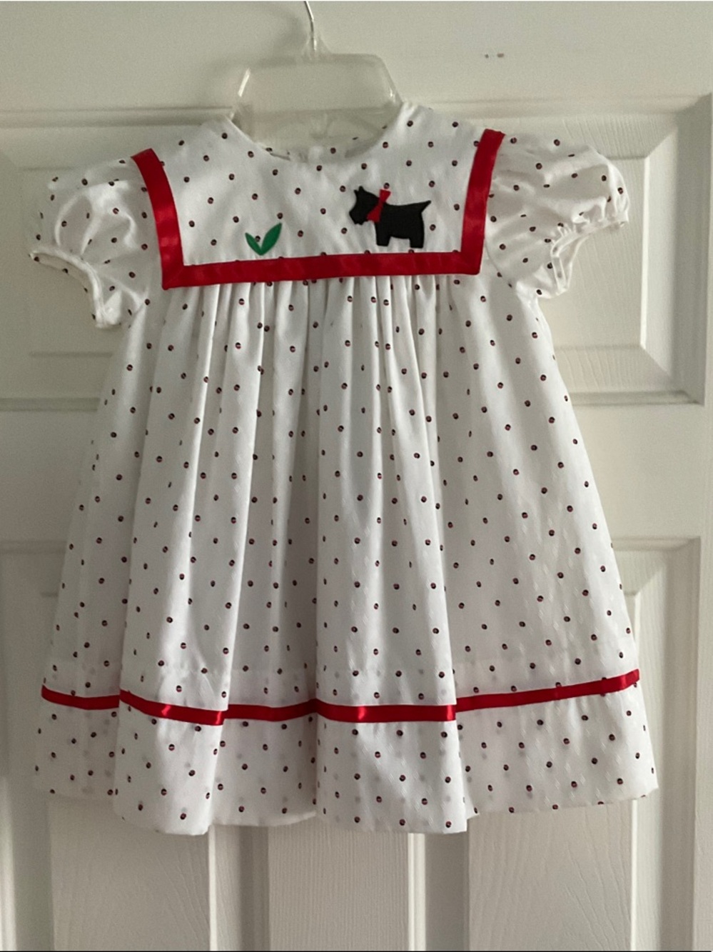 White Dotted Toddler Dress with Red Trim and Scottie Dog